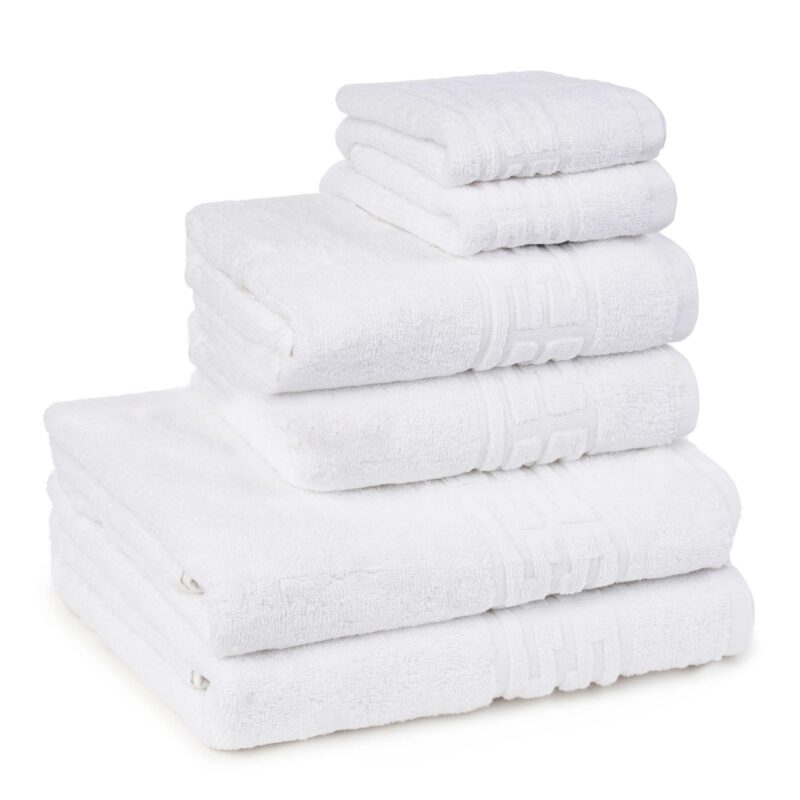 Set 6 prosoape de baie,hoteliere, model Greek, 100% bumbac, densitate 500g/mp,2buc 70x140cm,2buc 50x90cm,2buc 30x50cm alb