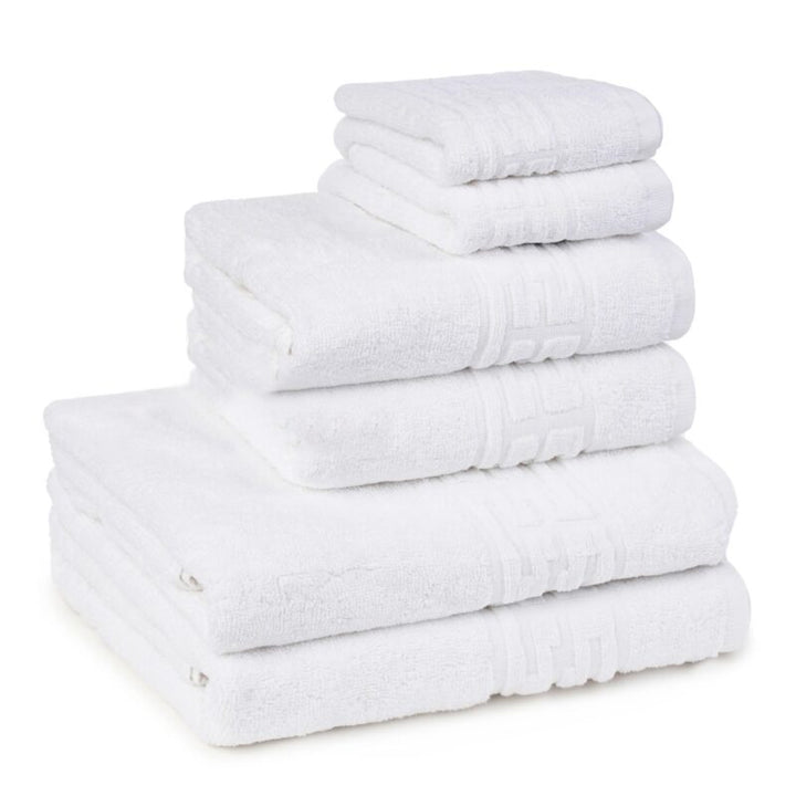 Set 6 prosoape de baie,hoteliere, model Greek, 100% bumbac, densitate 500g/mp,2buc 70x140cm,2buc 50x90cm,2buc 30x50cm alb